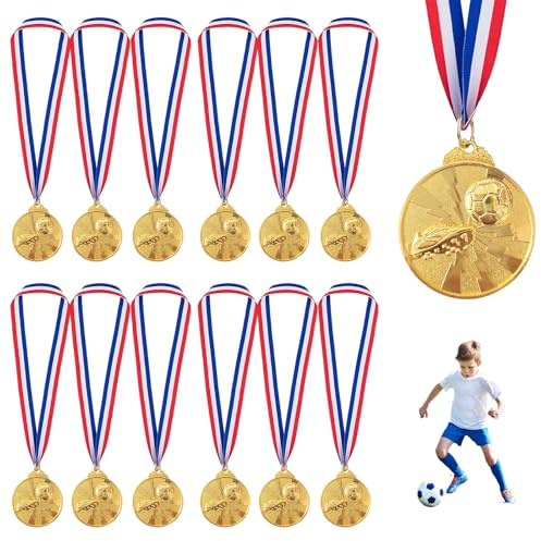 Jortmrd 12 Pezzi Medaglie Calcio in Metallo Medaglia d'oro Medaglie Premiazioni Dorato con Nastro Tricolore per Bambini Adulti Feste Sportive Scolastiche Compleanno Trofei