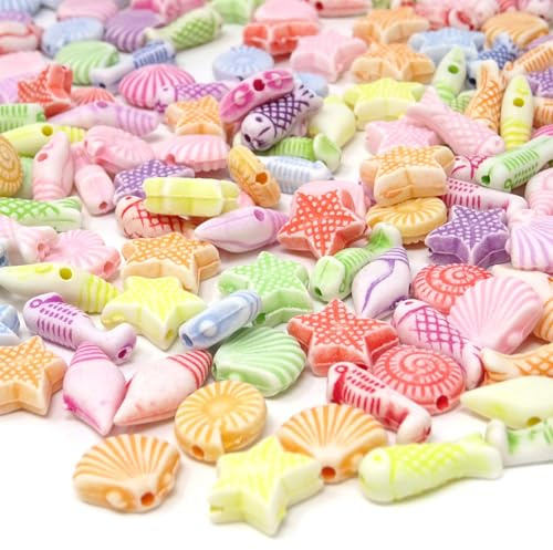 CharmBurst 300 Stück Niedliche Acrylperlen Seestern, Mini Muscheln, Sterne, Meeresleben, Bunte Perlen für Schmuckbasteln und DIY Deko, Sommerliche Meeresdekoration