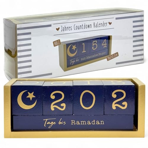 MIJOMA Muslimischer Countdown Kalender aus Holz – Blau/Gold Tischkalender mit Würfeln – Zählt die Tage bis Ramadan, Eid, Aschura & mehr – Deko für islamische Anlässe