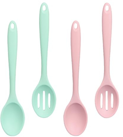 4 PCS Silicone Cooking Spoons, Slotted Spoon, Soft and Tough, Resistant to High Temperatures for Kitchen Cooking Baking Stirring Mixing Tools (2 Styles,Pink and Green)