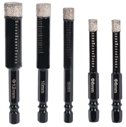 5pcs Diamond Drill Bits Set, 1/4 5/6 3/8 1/2 Inch Brazed Diamond Drill Bits 1/4 Inch Hex Shank Core Hole Saws for Precision Drilling in Tile Ceramic Glass Granite Marble Masonry