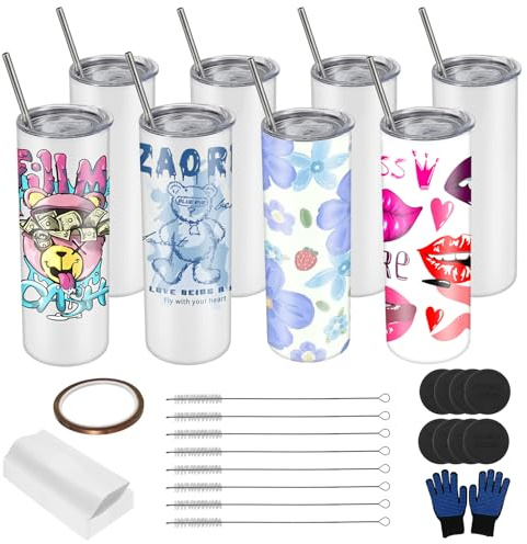 Tsudoku 8 Pack Sublimation Tumblers Bulk, 20 OZ Stainless Steel Straight Skinny Tumblers Blank, Subbing Tumblers Cups with Sublimation Shrink Wrap, Straw and Individually Box