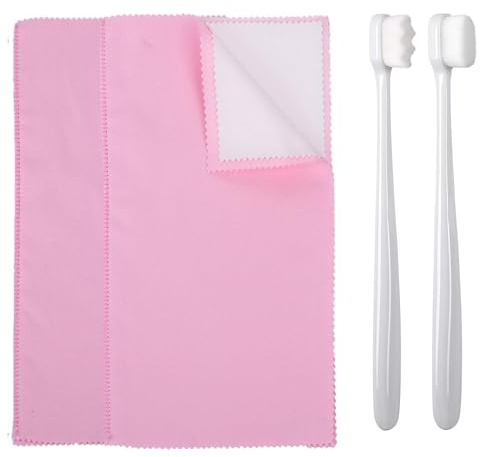 Syyflibb 2PCS Jewelry Cleaning Cloth, Silver Polishing Cloth Jewelry,2 PCS Ultra-Soft Brushes (Flat & Wave) for Cleaning Gold, Diamonds, Platinum, Gemstones, Coins(Pink)
