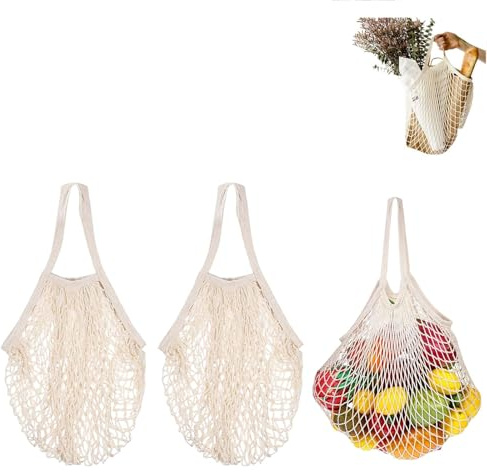 NCZCDZSW 3 Stück Einkaufstasche Netz Wiederverwendbar, Bio Baumwollseil Einkaufstaschen Mesh Tasche, Baumwollseil Waschbare Tragbar Produktbeutel Netzbeutel für Aufbewahrung Von Obst Und GemüSe