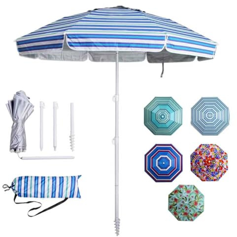 LOTTAFUN 6.5ft Beach Umbrella - Heavy Duty Wind Resistant UV 50+ Portable Sun Shade with Sand Anchor & Carry Bag, Outdoor Folding Umbrella for Beach, Pool, Patio, Garden (Blue diagonal strip)