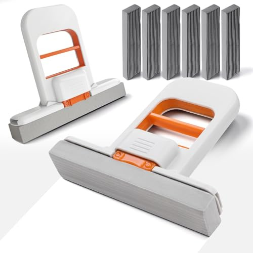 2 Pièces Mini Balai Essoreur Mini Serpillière Pliable Balai Eponge Auto-essorante Usage Sec et Humide avec 6 Éponges Nettoyer Les Surfaces Cuisine Salle de Bain Bureau et l'Intérieur de Voiture