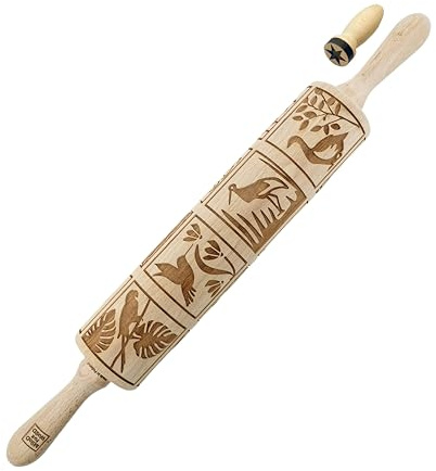 MoodForWood Teigroller aus Holz, Gravierte Holzrolle 43 cm, mit Griffen & Stempel, Roller mit Muster für Teig, Kuchen & Backwaren, Nudelholz für Müheloses Ausrollen, Ø 6 cm, Vogelmotiv