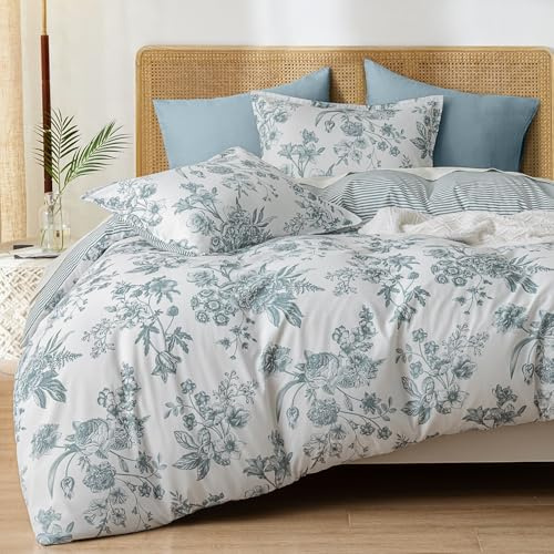 PHF Ultra Soft Floral Duvet Cover King Size, Printed Bedding Set 3 Pieces, Comfy Farmhouse Pattern Duvet Cover Set with 2 Pillow Shams, Zipper Closure and 8 Ties, 104x90, Flower-Blue