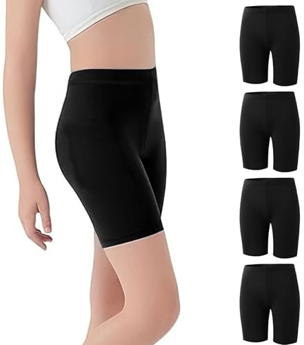 InfiniZer 4 Pack Girls Cycling Shorts Breathable Dance Cycle Gymnastic PE Shorts Under Dress Leggings for Teen Kids Girls Age 5-12 (Age 9-10 Years, Black)