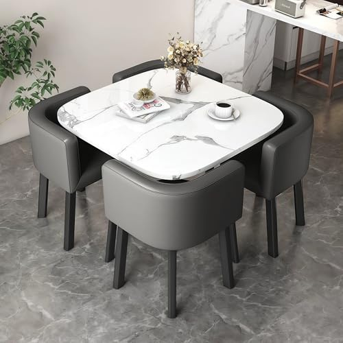 Quadrat Essgruppe Set, Marmormuster Esstisch mit 4 PU-Leder Esszimmerstuhl, Moderne Esszimmergruppe,Tisch und Stühle Set für Büro Bistro Café, 80×80×75cm,Weiß quadratisch