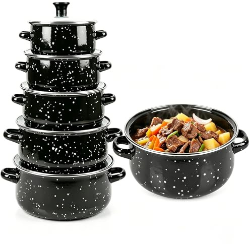 5-Piece Enamel Stock Pot Set with Lids, 16/18/20/22/24cm (1.1L-4L), Induction Compatible Vintage Black Enamelware Cooking Pot Set for Family Soup Stew, Glass Lid Saucepan Set for Gas Electric Hobs