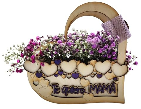 Cesta Corazón de Madera con Flores Secas y Preservadas - Regalo Personalizado para Mamá - Decoración Artesanal Te Quiero Mamá - Detalle para Día de la Madre, Cumpleaños o Aniversario