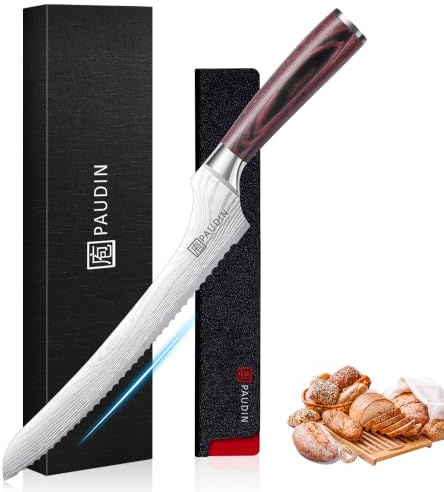 PAUDIN Brotmesser 25 cm Wellenschliff Versetzter Griff Küchenmesser | VERSETZTER GRIFF & SPÜLMASCHINENFEST: Brotmesser/Brotschneidemesser mit rutschfestem Pakkaholzgriff schützt Finger vor Stößen