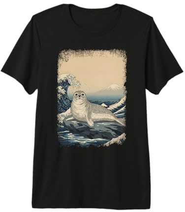 Kawaii Harbor Seal Ocean Waves Japanese Landscape Premium T-Shirt