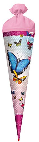 ROTH Schultüte groß Butterfly - Glitter 70 cm - rund Rot(h)-Spitze Filzverschluss - Zuckertüte Schmetterling Glitzer Schulanfang
