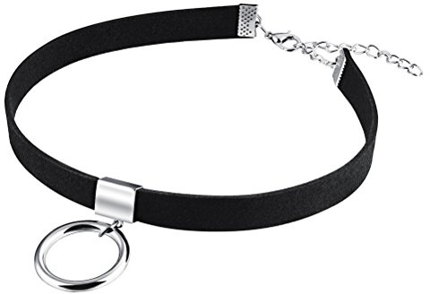 PAURO Damen Velvet Gold/Silber O Ring Charm Choker Halskette Classic Black Ribbon Kragen | Damen Edelstahl Schwarz Samt Band Choker Halskette mit Gold Silber O Ring Charm Klassisch