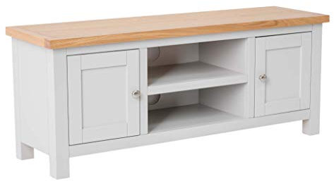 Farrow Grey 120cm Large TV Unit for Living Room | Roseland Furniture Fully Assembled Painted Solid Wooden Television Cabinet Stand Oak Top | Suitable for TVs up to 54 inches
