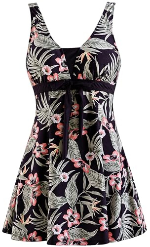 Wantdo dam 1-delad baddräkt slimmad kjol smal v-ringad magöverdrag Tankini-klänning blommig push up plus storlek