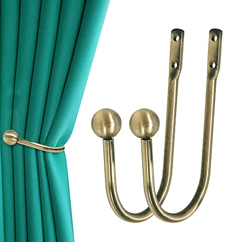Curtain Holdback, 2 Pcs Wall Mounted Drapery Tiebacks with Screws, Heavy Duty Metal Decorative Window Drapery Holder Curtain Hook, Brass