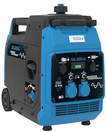 Güde Inverter Stromerzeuger ISG 3200-2 (4-Takt Motor, Benzin, 4,5/6,1 (kW/PS), 2x 230 V, 1x 12 V, 2x USB, max. 3500 W, Laufzeit bis 7,5 h, Tank 7,8 l, ECO-Funktion, Re-Start-Knopf, Fahrwerk, TÜV/GS)