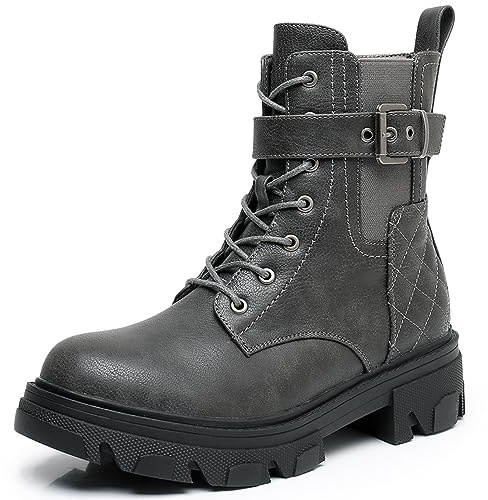 GLOBALWIN Women's Combat Boots Lace Up Grey Boots For Women Ankle Booties Comfortable Lug Sole Chunky Low Heel Size 9.5M