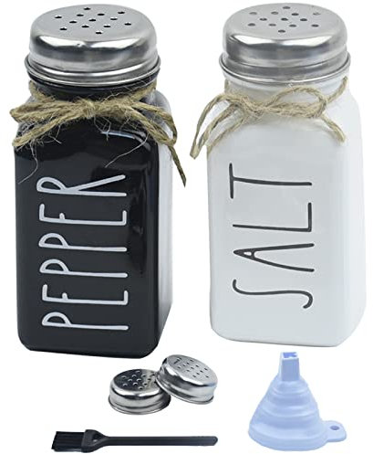 Salero y pimentero, agitador de vidrio jacinto con tapa de acero inoxidable, agitador de especias con cepillo/embudo, juego de vasos de cocina (blanco y negro)