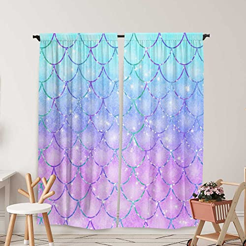 Yilinata Mermaid Window Curtains for Kids Girls Purple Blue Fairy Fantasy Glitter Scales Baby Room Bedroom Nursery Toddler Rod Pocket Drapes Home Decor Durable Fabric 84 in x 84 in