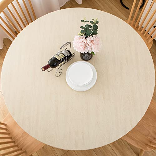 LIBERECOO Round Vinyl Fitted Tablecloth with Flannel Backing Elastic Edge Table Cover Waterproof Stain-Resistant Wipeable Tablcloths Fits 45-56 Round Tables