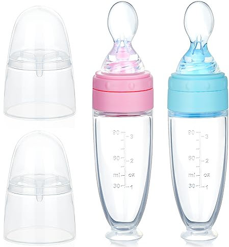 Aolso Set alimentatore per alimenti per neonati, 2pcs Cucchiaio per alimenti per bambini in silicone, Biberon con cucchiaio, per uso alimentare sicuro- senza BPA