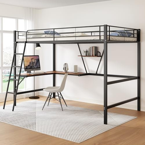 Hochbett Kinderbett 90x200 cm mit L-förmiger Schreibtisch&Regal, Etagenbett mit Leiter&Rausfallschutz, Metallbett Eisenbett Kinderhochbett Bettrahmen für Kinder, Jugendliche, Erwachsene, Schwarz