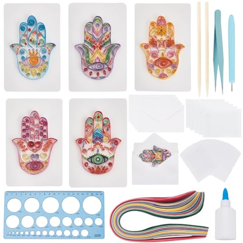 WEBEEDY 20 Set Papier Quilling Kit Für Erwachsene Anfänger DIY Hamsa Thema Grußkarten Bastelset Mit Anleitung Und Quilling Werkzeug Handgemachte Hamsa Karte Für Freunde Familien