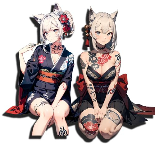 YUNEX 5.1 Tattoo Japanese Geisha Stickers Graffiti Car Accessories for Windows Wall Fuel Tank Cap Trunk Lid (2Pcs)