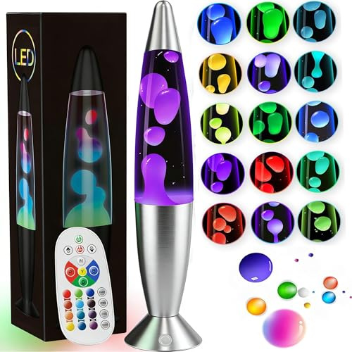 AONESY 13.5 Multi Colour Liquid Motion Lamp, 17 Colour Changing Lamp with Remote, Retro La Lamps White Liquid & White Wax for Kids Adults, Mood Lighting for Bedroom Home Decor-Silver Base
