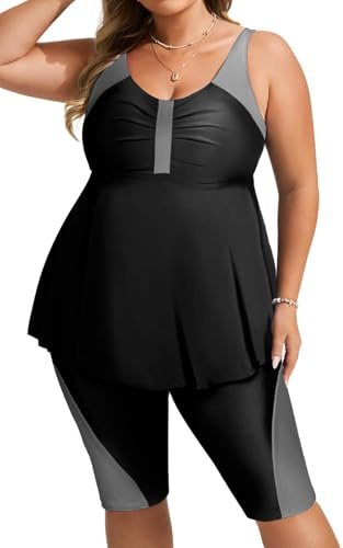 Hanna Nikole Tankini dam stor storlek mage way badmode push up tankini tvådelat set hög midja sommar baddräkter tankini topp med badshorts, Svart och grå, 54 plus size