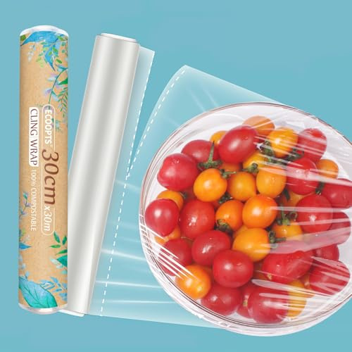 ECOOPTS Pellicola trasparente 100% compostabile, priva di BPA e biodegradabile, adatta a microonde e freezer, pretagliata, 30 cm x 35 cm, totale 30 m (1)