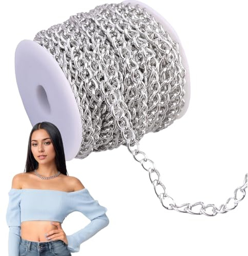 16.4 Feet Aluminum Curb Chains Links Cross Golden Plated Picture Hanging Gold Chain with Spool for Belt Jeans Jewellery-Necklace Making (Silver)