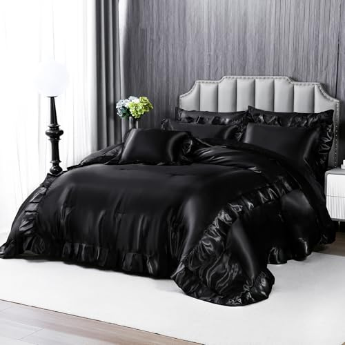 Herside Satin Comforter Set with Sheet Set Queen Size,8 Pieces Black Ruffle Comforter Silk Like Satin Bedding Set,Soft Smooth Luxury Silky Quilt Set with 1 Cushion Cover All Season