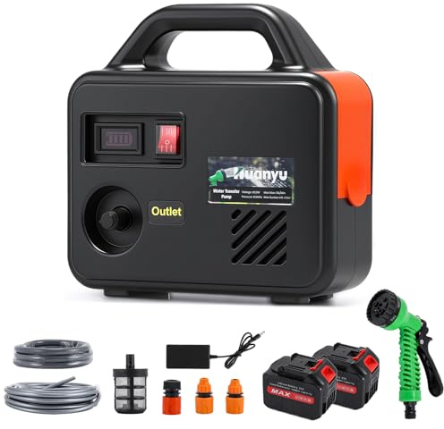 Huanyu Bomba Inalámbrica de Transferencia de Agua Bomba de Agua a Batería con 2x22500mAh 21V Baterías Bomba Eléctrica Portátil con Kit de Manguera de Agua Larga para Riego y Limpieza