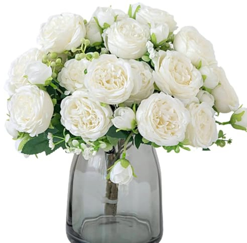 ELLECILA 3 Bunch Silk Peonies Artificial Flowers - Realistic White Peony Bouquets for Wedding, Home, Table Centerpieces, DIY Floral Arrangements, Faux Flowers for Vase Decor (White)