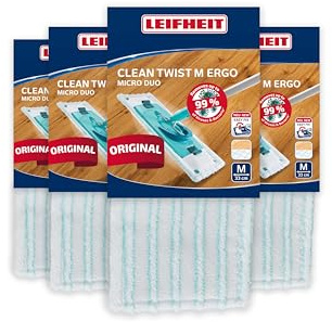 Leifheit Housse de Rechange Micro Duo Clean Twist M Ergo et Power Clean | Lot de 4, système double fibre, pour Clean Twist M Ergo et Power Clean M, housse pour balai lave-sol, lavable 200 fois à 60°C