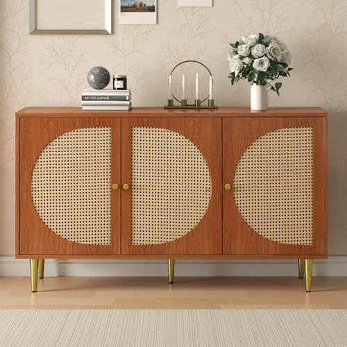 LINKHOO Buffet Cannage, Buffet avec 3 Portes décorées en rotin Commode Highboard avec poignées métalliques, pour Chambre à Coucher & Salon & Bureau, Noyer 129.8X 40x 76cm