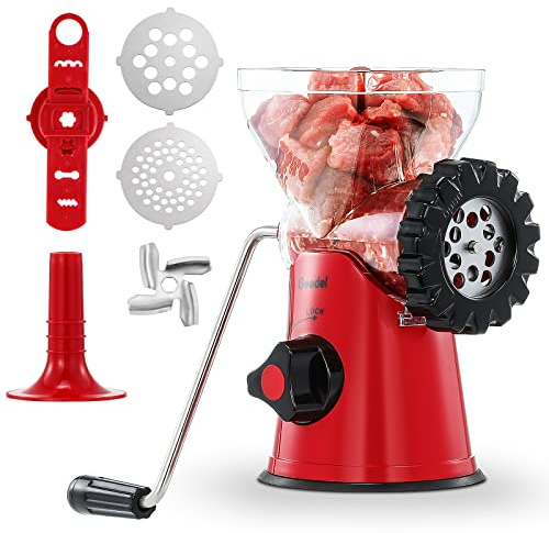 Geedel Meat Grinder, 4 in 1 Meat Mincer Manual for Meat Sausages Churros and Puff Pastry, Sausage Meatball Maker with Powerful Suction Base, Mincer Machine for Home Use, Easy and Fast (Red)