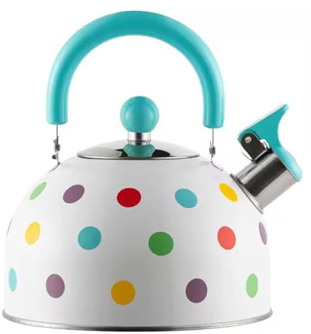 Bollitore da fornello in acciaio inox da 2,5 l con pois colorati, bollitore con fischio for fornelli a gas ed elettrici, teiera da campeggio, manico pieghevole