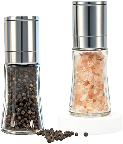 ROLMZJX Salz und Pfeffermühle 2er Set,Klein Verstellbarem Keramikmahlwerk Gewürzmühle und Himalaya-Salzmühle aus Hochwertigem Glas & Edelstahl Mit Pfeffermühle Ersatzteile