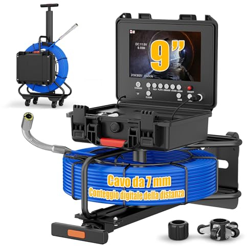 Telecamera Ispezione tubi 50 metri con DVR, Sonda con TelecameraContatore di Distanza, Display a IPS da 9, Videoispezione per Tubazioni Impermeabile, Telecamera Endoscopica, Cavo di 7 mm più spesso