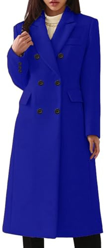 Gabardina de lana para mujer, estilo casual, largo, de doble botonadura, con bolsillos, abrigo de lana, azul, M