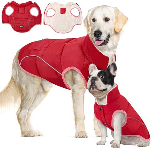 SlowTon Hund Wintermantel - Warme, mit Fleece gefütterte Hundeschneejacke mit reflektierenden Streifen und Taschen, Wasserabweisende Kaltwetterweste für kleine und mittelgroße Hunde