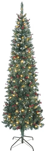 HOMCOM Árbol de Navidad Estrecho 210 cm con Luces LED Verde | Árbol de Navidad, 8 Modos de Iluminación, Ramas con Purpurina Plateada, Piñas, Bayas, Soporte Metálico
