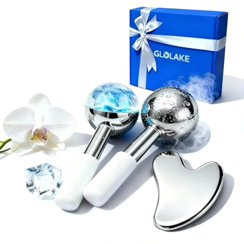 GLOLAKE Ice Roller for Face, Stainless Steel Gua Sha, Ice Face Roller for Depuffing, Lymphatic Drainage, Collagen Boost on Face, Body, Neck, Birthday Gifts, Relaxation, Skincare, at Home Spa