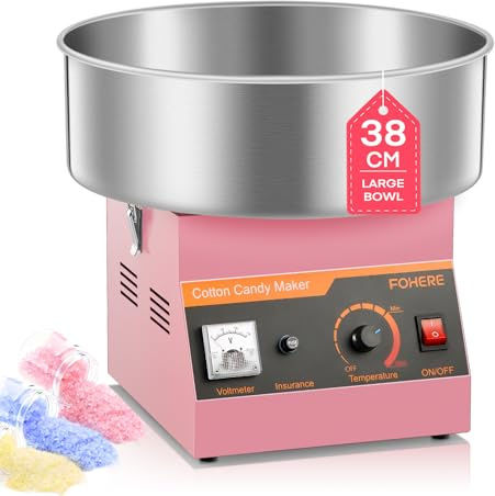 FOHERE Candy Floss Machine, 1000W Commercial Cotton Candy Machine with 38CM Stainless Steel Bowl and Sugar Scoop, Pink Candy Floss Makers for Birthdays, Parties, Celebrations, Carnival